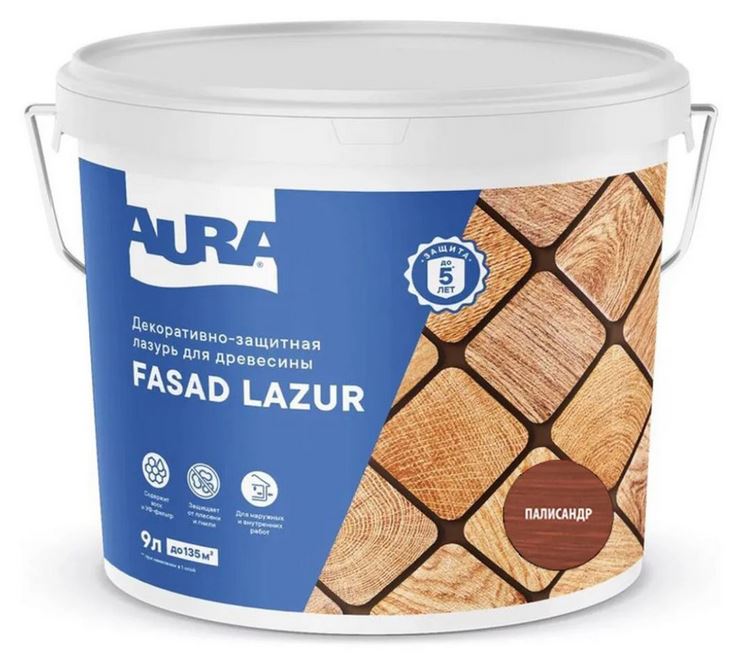 Декоративно-защитная лазурь для древесины "Fasad Lazur" 9л палисандр AURA