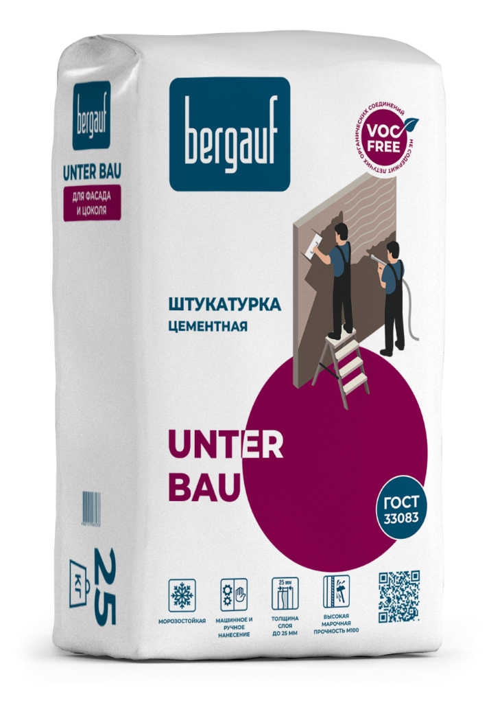 Штукатурка цементная Unter Bau, вн/нар.раб., 5-25мм, 18кг/м2, F50, 70С, 25кг, Bergauf (56)
