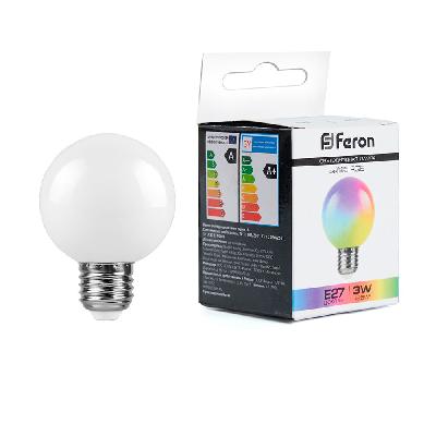 Лампа светодиодная шар 3W E27 RGB плавная смена цвета 230В матовая Feron