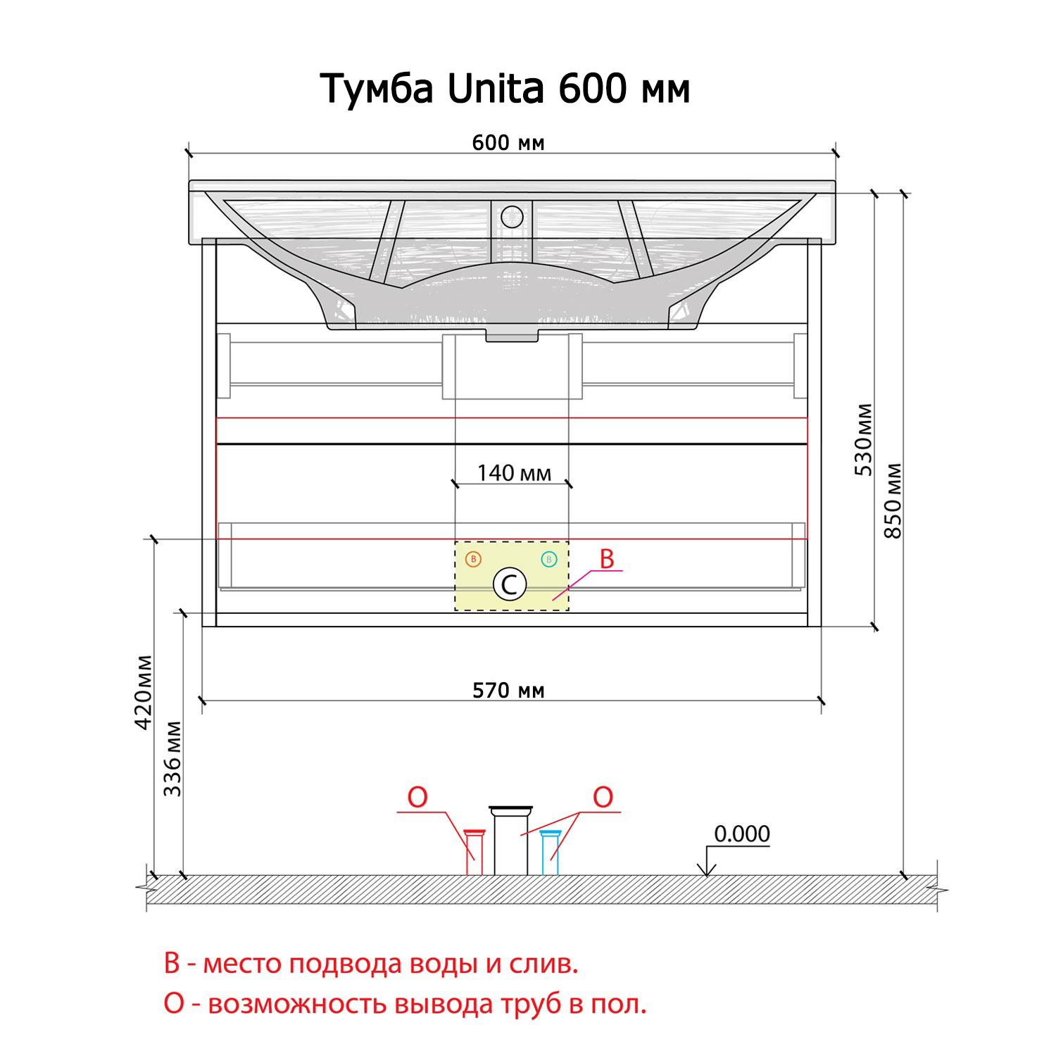 Тумба с раковиной Encanto Unita 60П ЛДСП белый глянец (Kirovit Фостер 60)