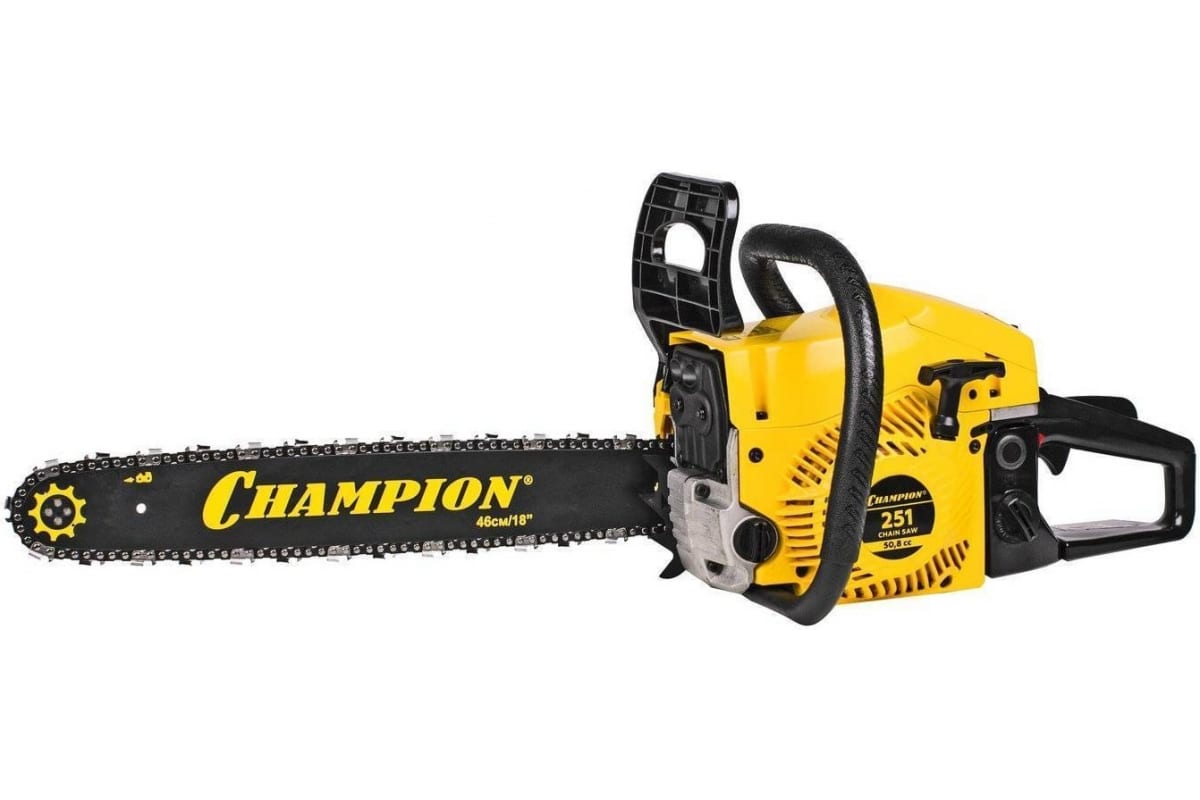 Бензопила CHAMPION 251-18, Двигатель 50,8 см3, 3 130 л/с, 2 300 Вт, Шина 45 см, Паз 1,5 мм, Шаг цепи 0,325'', Звеньев 72, Вес 5,6 кг. 251-18